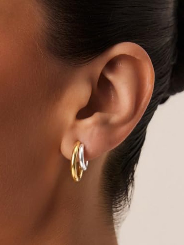 Two-Tone Hoop Ears For Women Mixed Metal Drops 14k Gold-Plated And Silver-Tone
